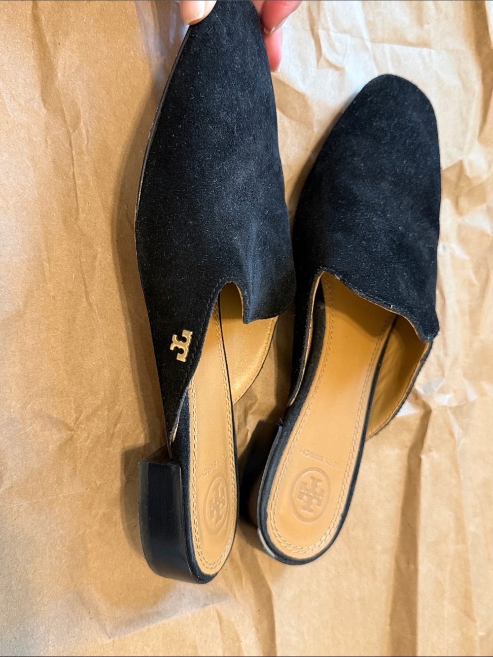 Tory Burch Black Suede Pointed Backless Mules with Gold Logo